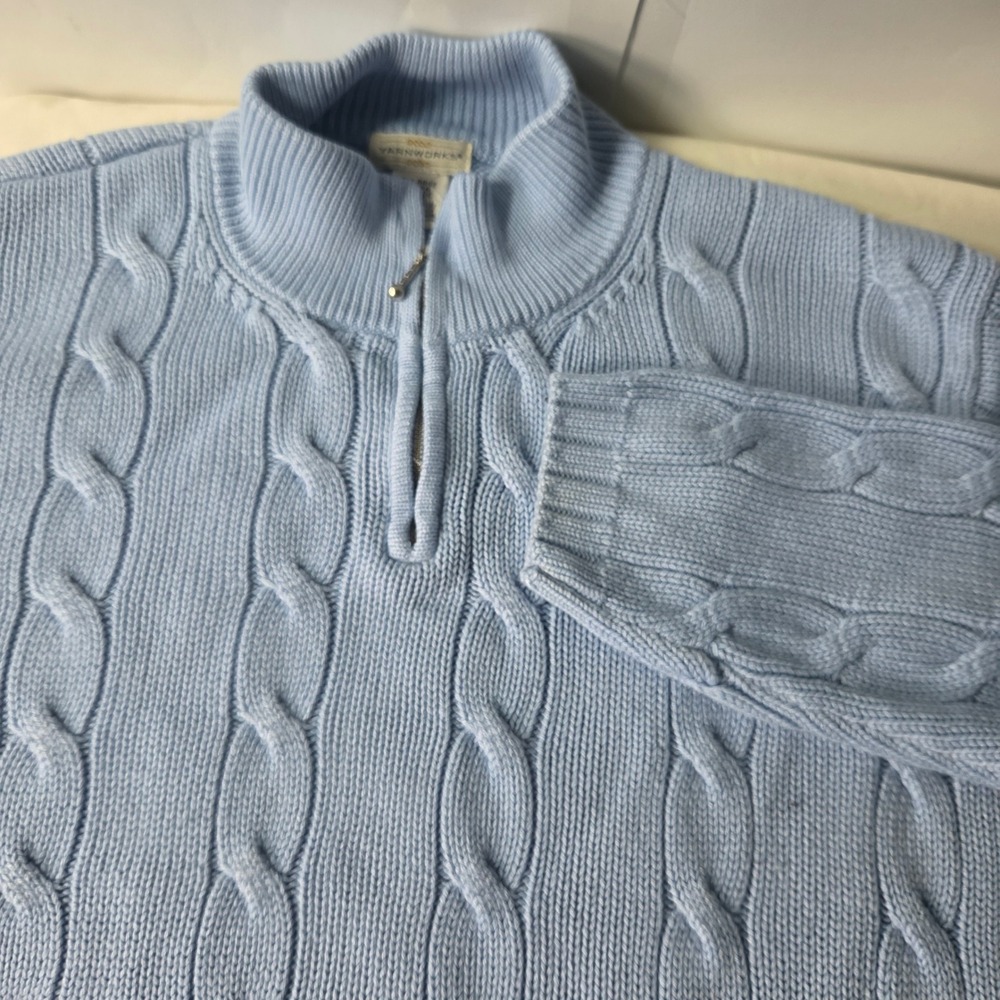 Yarnworks Womens XL Light Blue Cable Knit Quarter Zip Sweater with Pockets